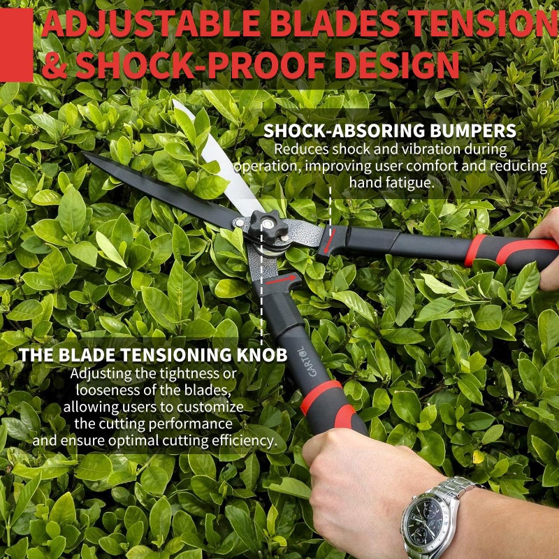 GARTOL 23-Inch Hedge Shears with 9â€˜â€™ Extra Thick High Carbon Steel Wavy-Blade, Precision Cutting | Rust-Resistant Ergonomic Handles with TPR Grip, Adjustable Tension Knob & Shock-Absorbing Bumpers - Image 4